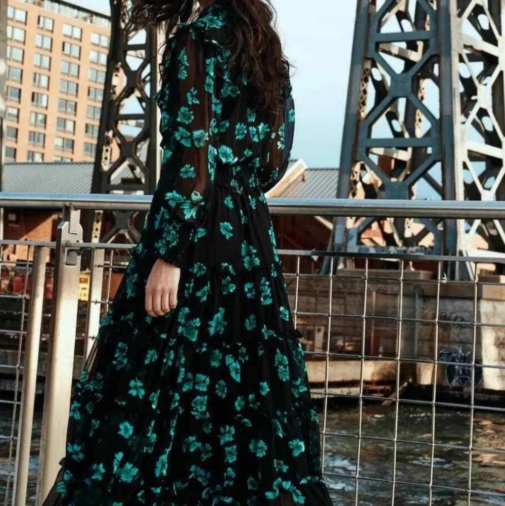 MISA Los Angeles Regina Size XS Black Green Leaf Ruffled Tiered Maxi Dress NWT